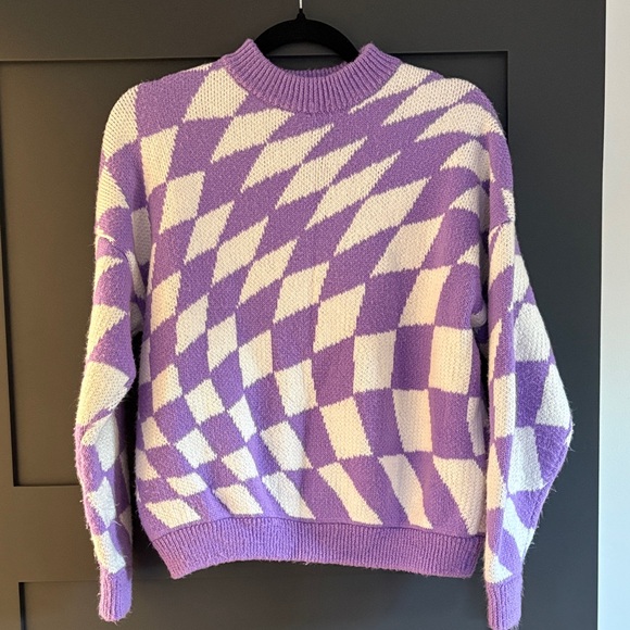 Lisa Says Gah Emma Warped Checker Checkerboard Purple Sweater Medium Large M/L - Picture 2 of 3